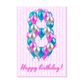 Realistic colored balloons on the eighth birthday. pink, silver, blue. Pink stripe greeting card with white stars.