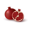 Realistic colored juicy slice of red pomegranate. Isolated half of ruby colorful pomegranate and whole round fruit on white