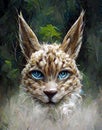 Realistic, colored portrait of a lynx head on a forest background