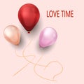 Realistic colorful balloons. Love time card. Red beige and pink bubbles, holiday gift. Party decorative element