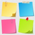 Realistic colorful blank sticky notes with clip binder. Colored sheets of note papers. Paper reminder. Vector Royalty Free Stock Photo