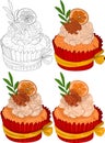 Realistic colorful cupcake with cream, walnut and orange sketch template set