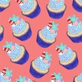 Realistic colorful cupcake with snowman, blue cream, rainbow sprinkles and snowflake seamless pattern Royalty Free Stock Photo