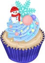 Realistic colorful cupcake with snowman, blue cream, rainbow sprinkles and snowflake template. Royalty Free Stock Photo