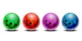 Realistic colorful 3D purple, blue, red , green bowling balls set.