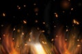 Realistic colorful image line bon fire flame with horizontal reflection smoke and sparks on black background. Royalty Free Stock Photo