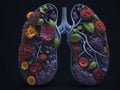 Realistic colorful lungs made of fresh flowers on black background. ai generative