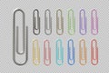 Realistic colorful paper clip set. Metal fasteners notebook holders. Vector illustrations colors steel paperclip Royalty Free Stock Photo