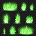 Realistic coloured fire. Green fiery blaze, magic game flaming flame, color burning spurts of flame vector illustration