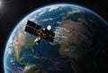 Realistic communication satellite orbiting Earth with copy space background Royalty Free Stock Photo