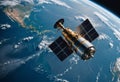 Realistic communication satellite orbiting Earth with copy space background Royalty Free Stock Photo