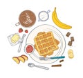 Realistic composition with delicious sweet breakfast meals and dessert morning food - wafers lying on plate, fruits