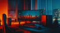 Realistic computer equipment. 3D curved monitor, keyboard, mouse with pad. Personal set of the user. Modern color
