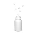 Realistic container with scattered tablets. White drug pills. Healthcare and medicine object for banner or poster. Vector