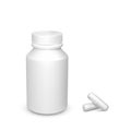 Realistic container with tablets. White drug capsules. Healthcare and medicine object for banner or poster. Vector