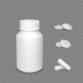 Realistic container with tablets. White drug capsules and pills. Healthcare and medicine object for banner or poster. Vector