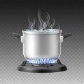 Realistic cooking boiling water. Heated steel pot on gas burner, isolated on transparent background 3d silver cookware