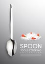 Realistic cooking tool concept with metal spoon and food products on gray