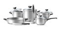 Realistic cookware. Silver shiny kitchenware composition, metallic utensils, pots with glass lids and pans, knife and