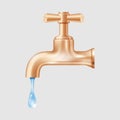 Realistic copper retro water tap with drop. Vintage bronze faucet with dripping water isolated Royalty Free Stock Photo