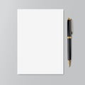 Realistic copybook page with black and gold pen. Mockup. Paper background. Notebook and diary, education, organizer