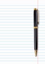 Realistic copybook page with black and gold pen. Paper background. Notebook and diary, education, organizer, copybook