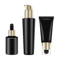 Realistic cosmetic black bottles with gold caps. Vector containers and tubes for cream, lotion, gel, balsam, foundation