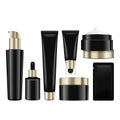 Realistic cosmetic black bottles with gold caps. Vector containers, tubes, sashet for cream, balsam, lotion, gel