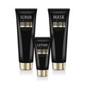 Realistic cosmetic black bottles with gold caps. Vector tubes for mask, lotion, scrub. 3d Illustration