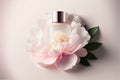 Realistic cosmetic bottle with cream and peony flower on a light background