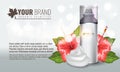 Realistic cosmetic bottle for men with transparent cap and foam mock up. Tropical flower and leaf. Illustrated vector.