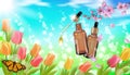 Realistic cosmetic bottle spring landscape green grass blue sky light background tulip flower butterfly sakura cherry