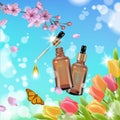 Realistic cosmetic bottle spring landscape green grass blue sky light background tulip flower butterfly sakura cherry