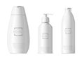 Realistic cosmetic bottles. Shampoo and moisturizer packaging, white plastic bottles pack, 3d beauty bath accessories