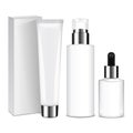 Realistic cosmetic bottles with silver caps. Vector containers and tubes for cream, lotion, gel, balsam, foundation