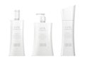 Realistic cosmetic bottles. White 3d shampoo bottle, spa mask package and bath shower milk gel soap isolated vector set