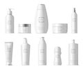 Realistic cosmetic package. Plastic cosmetic 3d bottles beauty care, body lotion, facial cream and liquid soap bottle