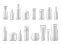 Realistic cosmetic package. White product bottle plastic lotion shampoo spray container blank 3D tube pack dispenser Royalty Free Stock Photo