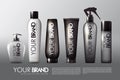 Realistic cosmetic packages collection with liquid soap shampoo conditioner cream spray