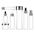 Realistic cosmetic white bottles. Vector containers, tubes, sashet for cream, balsam, lotion, gel, shampoo, foundation