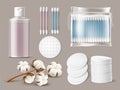 Realistic cotton wool products. Cleansing lotion bottle, cosmetic soft discs and pads, ear swabs packaging, cotton twig Royalty Free Stock Photo