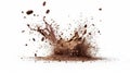 A realistic cracked coffee bean and ground powder burst with brown particles splashing around, granules flying, isolated Royalty Free Stock Photo