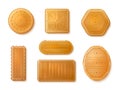 Realistic crackers. Isolated 3d sweet and salted cookies, crispy pastry, dry biscuits with holes, square and round