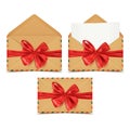 Realistic craft envelopes set, open, closed, blank paper sticking out and decorative red bow, vector illustration