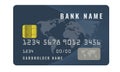 Realistic credit card design template with a chip frontside view mock up. Dark blue color. Royalty Free Stock Photo