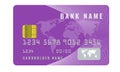 Realistic credit card design template with a chip frontside view mock up. Purple color. Royalty Free Stock Photo