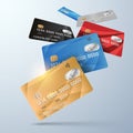 Realistic credit cards on gray background