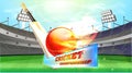 Realistic cricket ball in fire with bat on daylight stadium background.