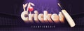 Realistic cricket bat on purple stadium view background for Cricket Championship.