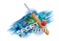 Realistic cricket elements on blue brush stroke white background